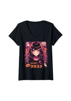 Alternative Apparel Womens Halloween Pumpkin Pastel Anime Girl Waifu Bats Spooky Kawaii V-Neck T-Shirt