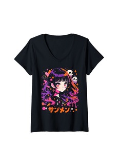 Alternative Apparel Womens Halloween Pumpkin Pastel Anime Girl Waifu Bats Spooky Kawaii V-Neck T-Shirt