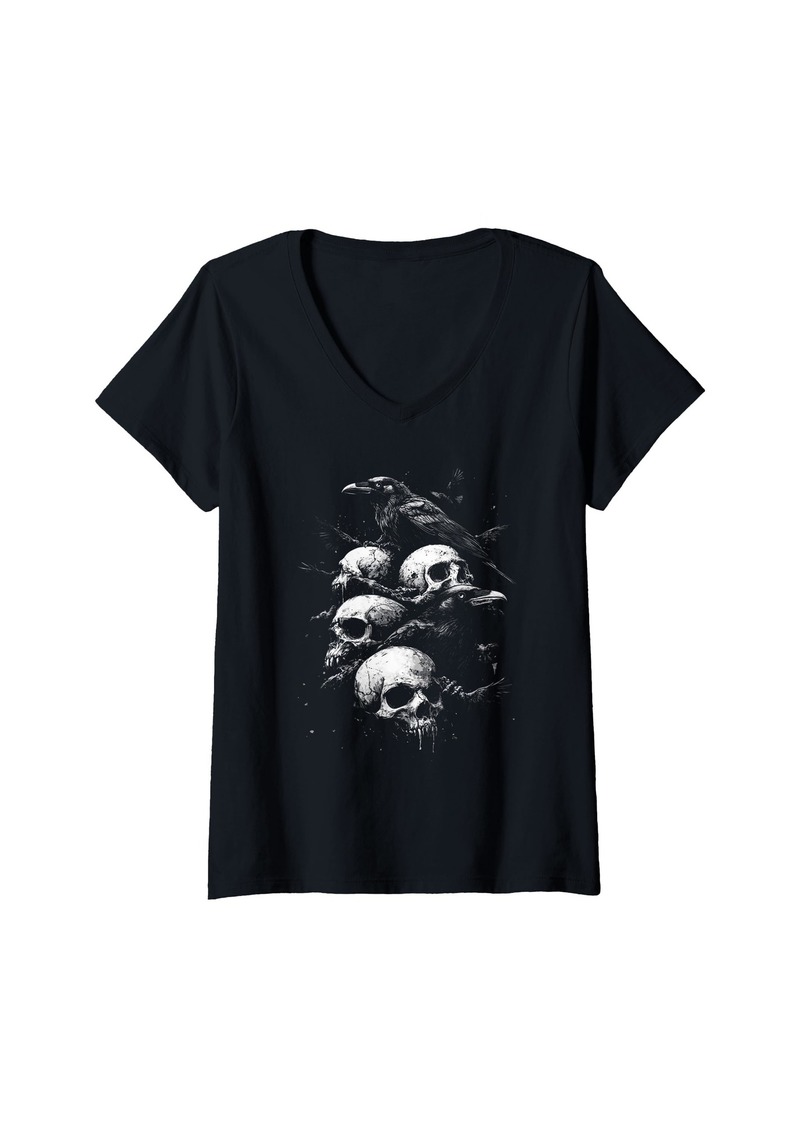 Alternative Apparel Womens Raven Crow Skulls Gothic Art Macabre Horror Punk V-Neck T-Shirt