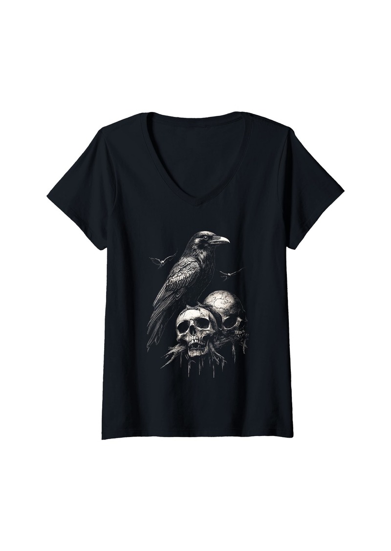 Alternative Apparel Womens Raven Crow Skulls Gothic Art Macabre Horror Punk V-Neck T-Shirt