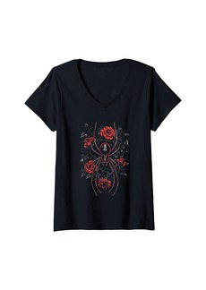 Alternative Apparel Womens Widow Spider Roses Gothic Red rose Horror Macabre V-Neck T-Shirt