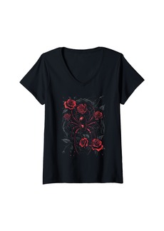 Alternative Apparel Womens Widow Spider Roses Gothic Red rose Horror Macabre V-Neck T-Shirt