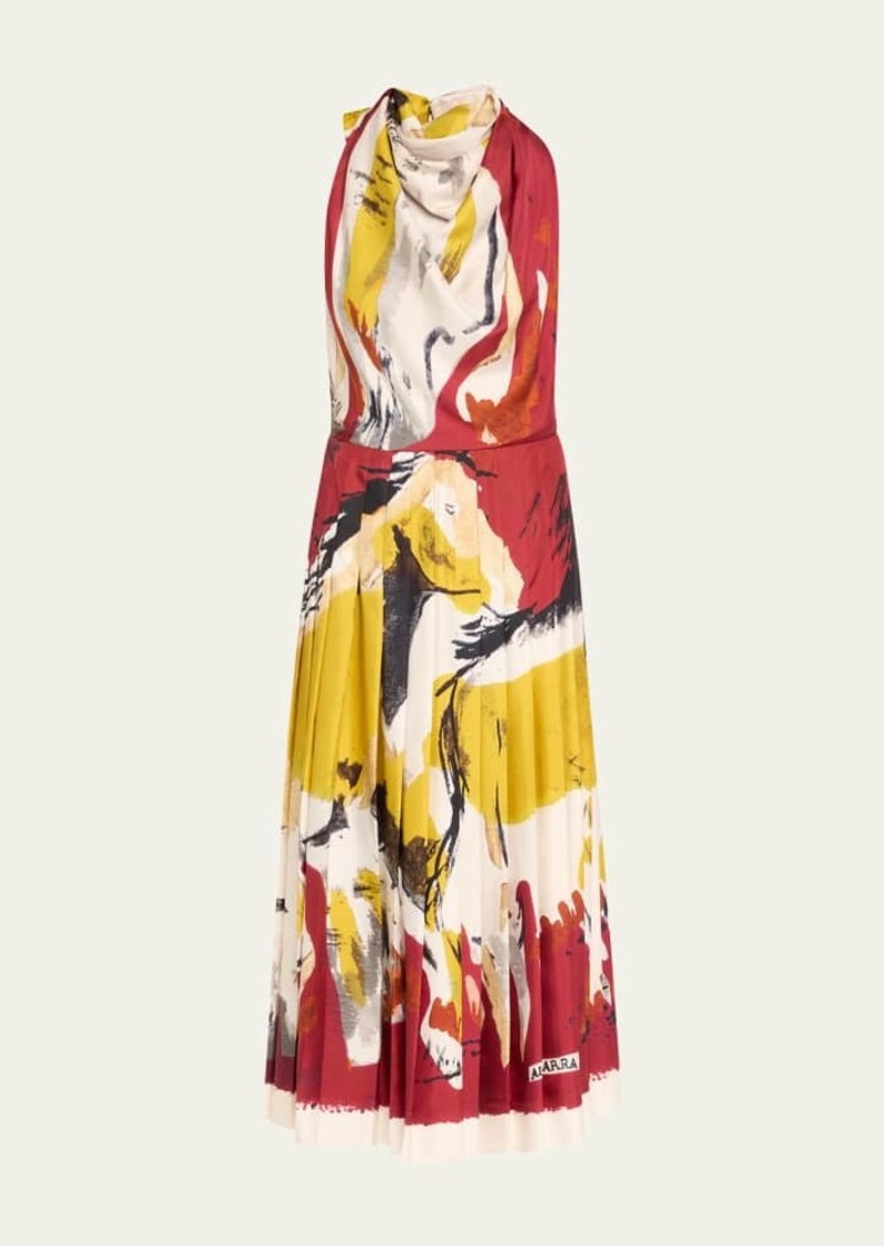 Altuzarra Carole Horse Print Halter Backless Pleated Dress