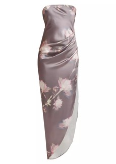 Amanda Uprichard Janae Satin Floral Asymmetric Maxi Dress