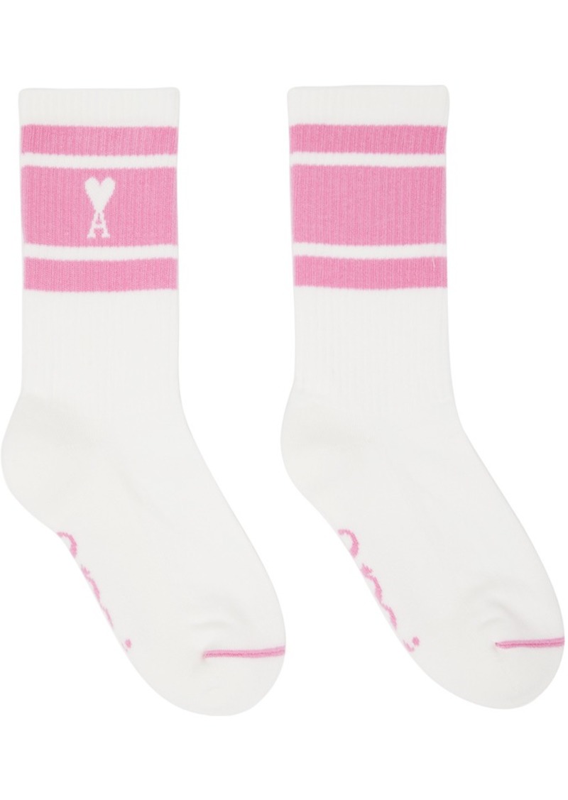 AMI Paris White & Pink Ami de Caur Striped Socks