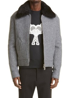AMI Paris Mattiussi Genuine Shearling Collar Wool Blend Jacket in Wool Heather Grey at Nordstrom