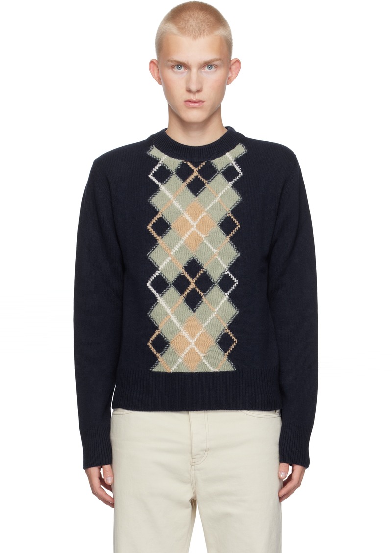 AMI Paris Navy Argyle Crew Neck Sweater