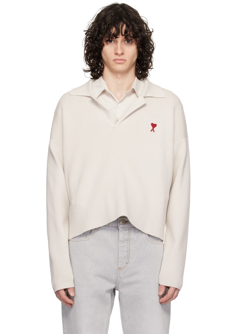 AMI Paris Off-White Embroidered Polo