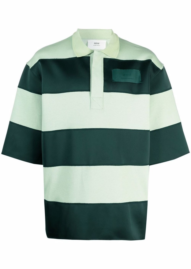 AMI striped logo-patch polo shirt