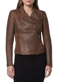 Andrew Marc Felix Leather Moto Jacket with Knit Panels in Sepia at Nordstrom Rack