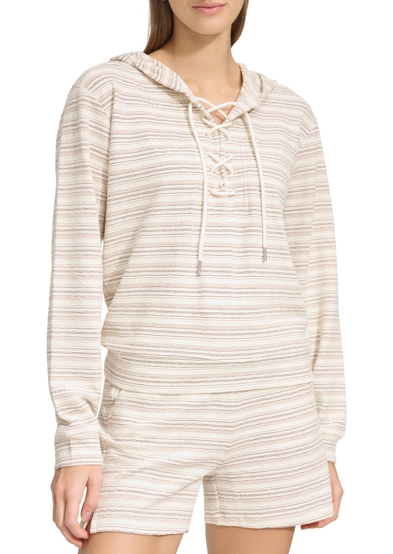 Andrew Marc Heritage Stripe Lace-Up Pullover Hoodie in Oatmeal Combo at Nordstrom Rack