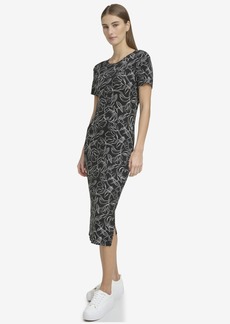 Andrew Marc Women's Short Sleeve Stretch Midi Dress with Slit - Black sketched floral