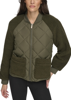 Andrew Marc Sport Women's Mixed Sherpa And Quilt Bomber Jacket - Olive