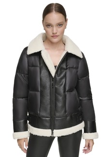 Andrew Marc Sport Women's Mixed Puffer Jacket With Faux Leather And Sherpa Trim - Black