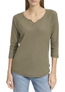 Andrew Marc Women's 3/4 Sleeve Split Neck Boxy Waffle Knit T-Shirt