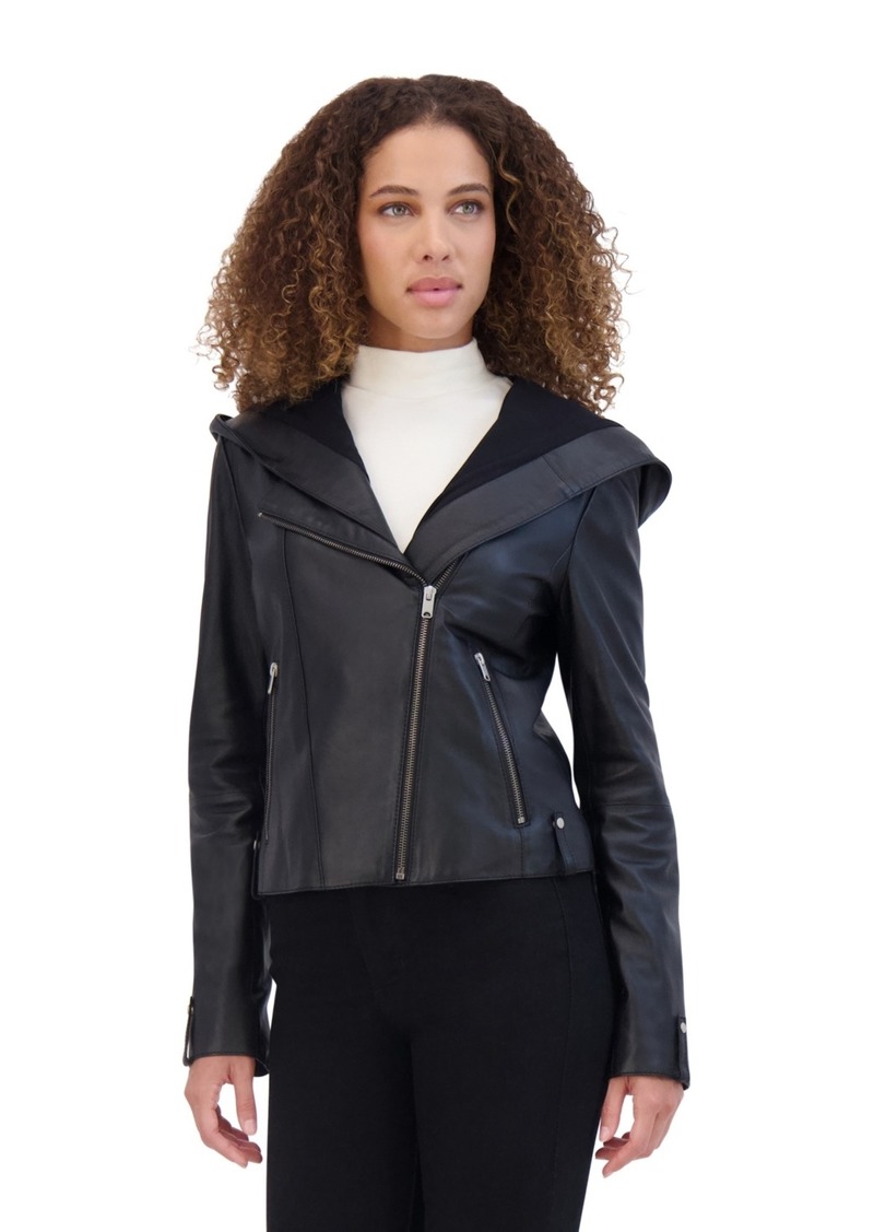 Andrew Marc Women's Lunar Lightweight Leather Hooded Moto Jacket - Black