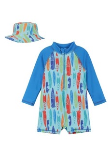 Andy & Evan One-Piece Rashguard Swimsuit & Hat Set in Aqua Surfboard at Nordstrom