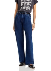 Anine Bing Carrie Pleated Wide Leg Jeans in Dark Blue