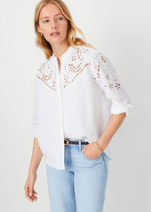 Ann Taylor AT Weekend Eyelet Linen Blend Roll Tab Shirt