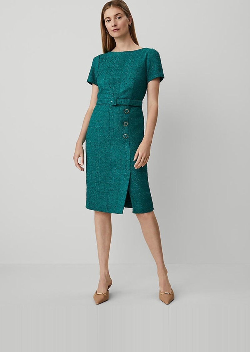 Ann Taylor Tweed Belted Button Midi Sheath Dress