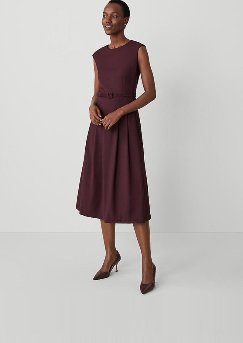 Ann Taylor Belted Pleated Dress in Wool Blend Stretch