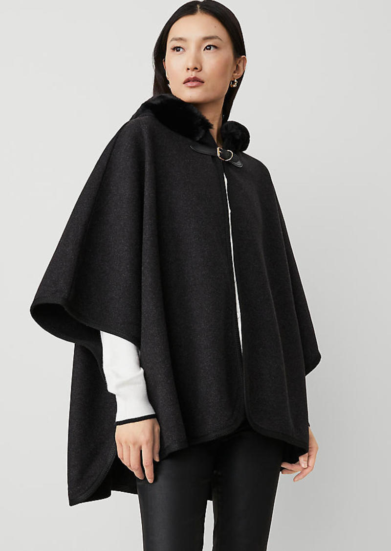 Ann Taylor Buckle Faux Fur Hooded Poncho