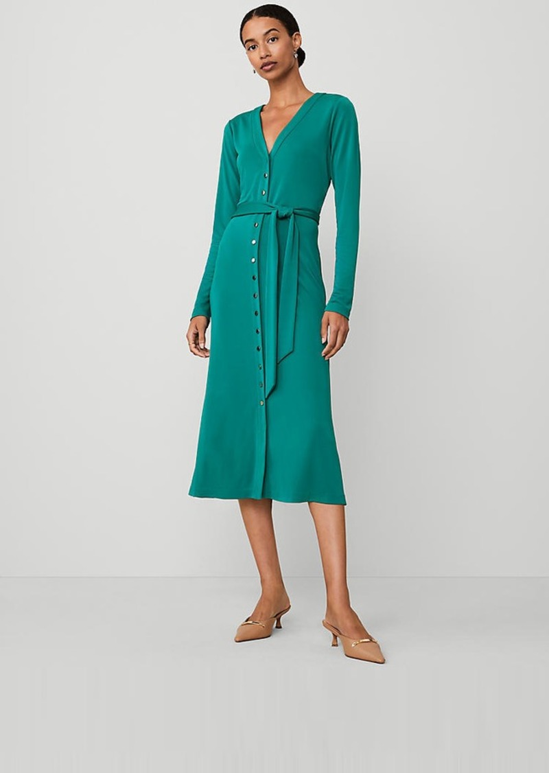 Ann Taylor Button V-Neck Flare Knit Midi Dress