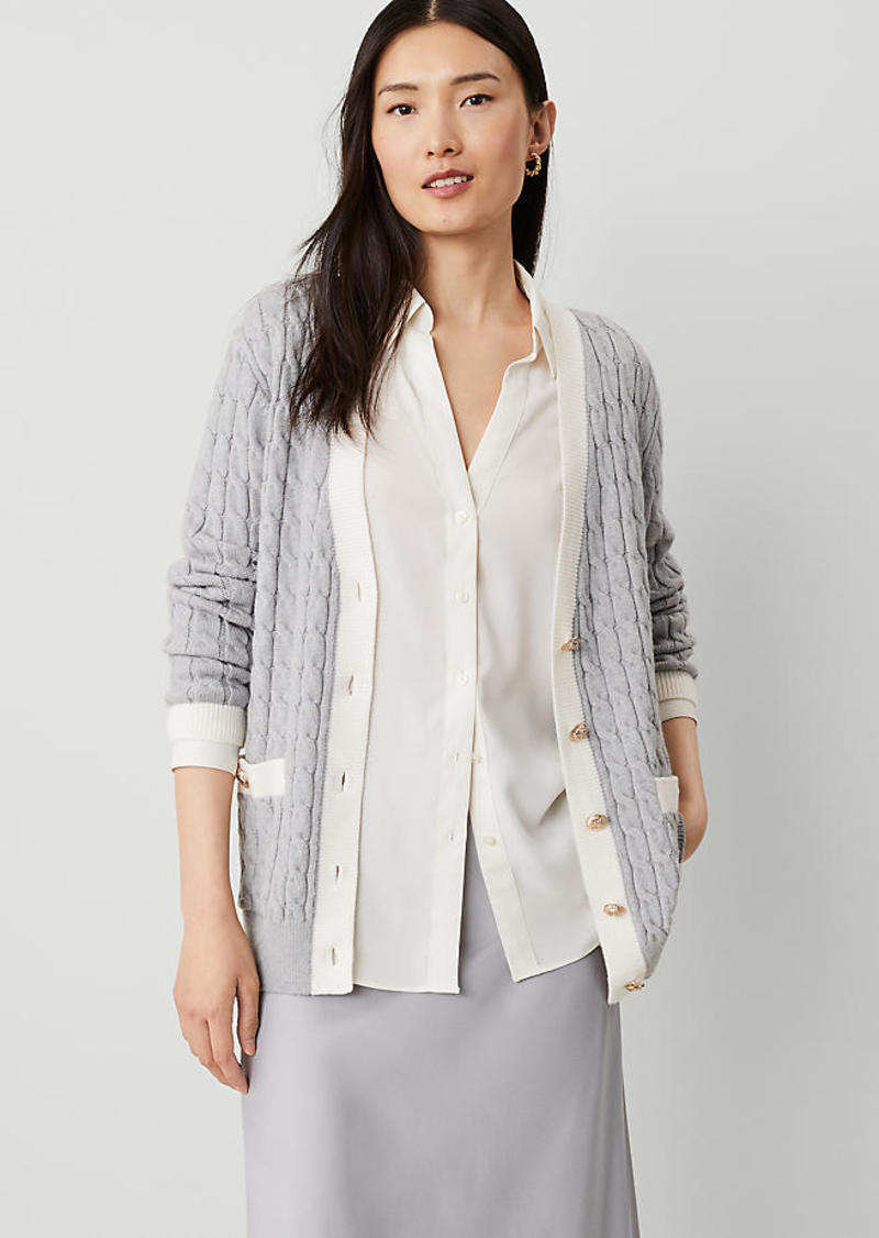 Ann Taylor Cable Contrast Trim Boyfriend Cardigan