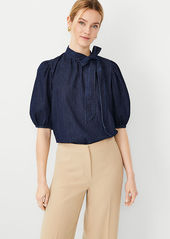 Ann Taylor Chambray Bow Puff Sleeve Blouse