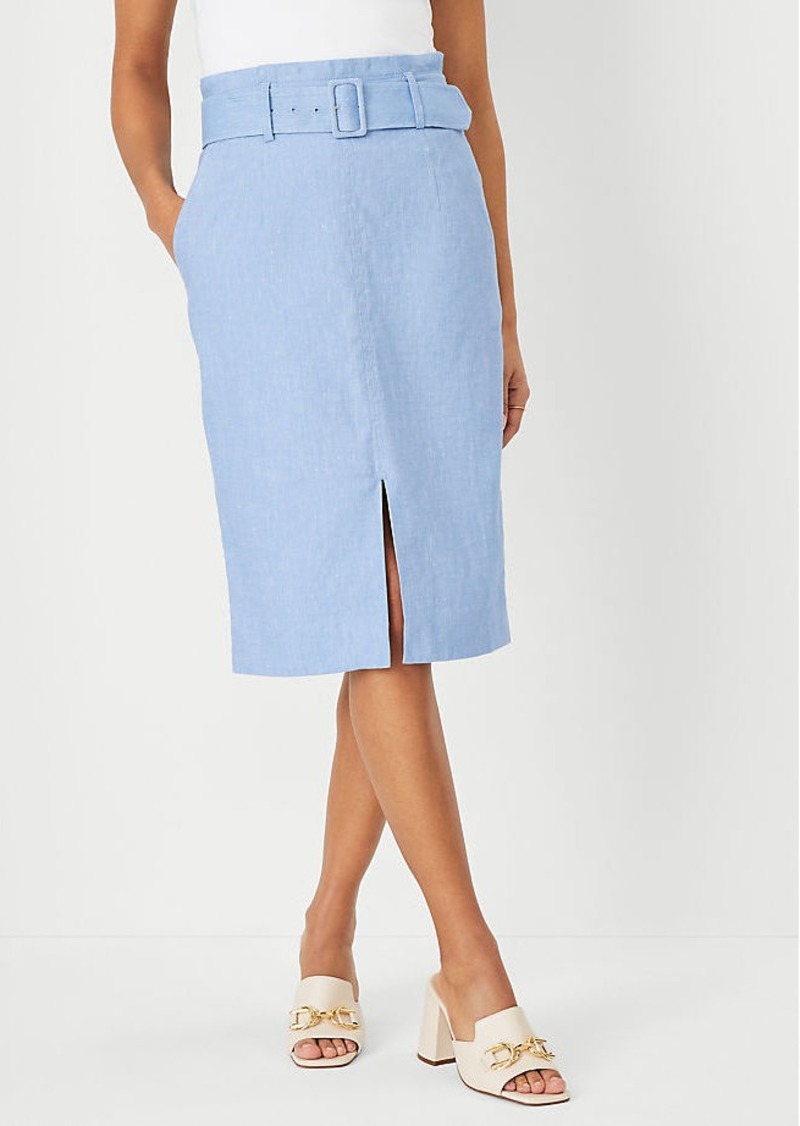 Ann Taylor Chambray Linen Blend Belted Front Slit Pencil Skirt