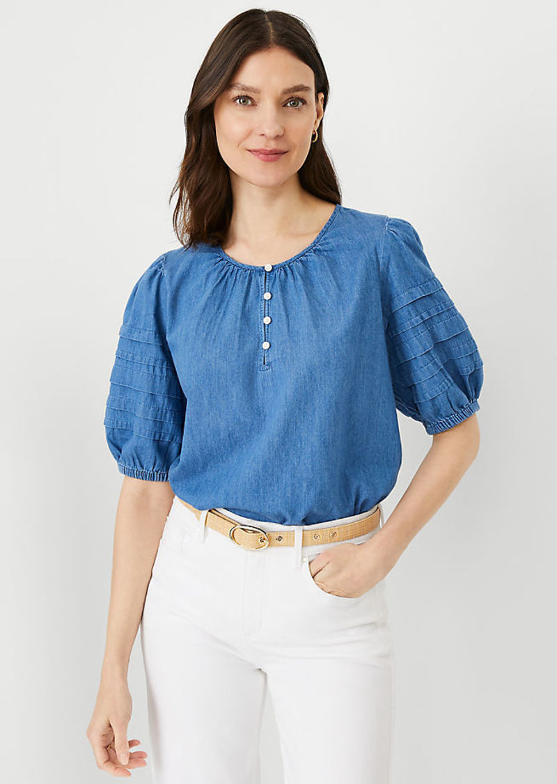 Ann Taylor Chambray Pleated Puff Sleeve Blouse