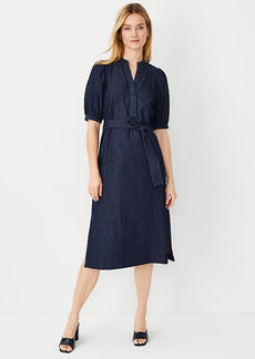 Ann Taylor Chambray Puff Sleeve Belted Shirtdress