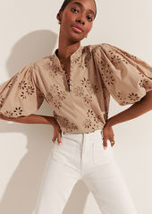 Ann Taylor Cotton Eyelet Pleated Sleeve Popover Top