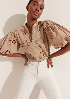 Ann Taylor Cotton Eyelet Pleated Sleeve Popover Top
