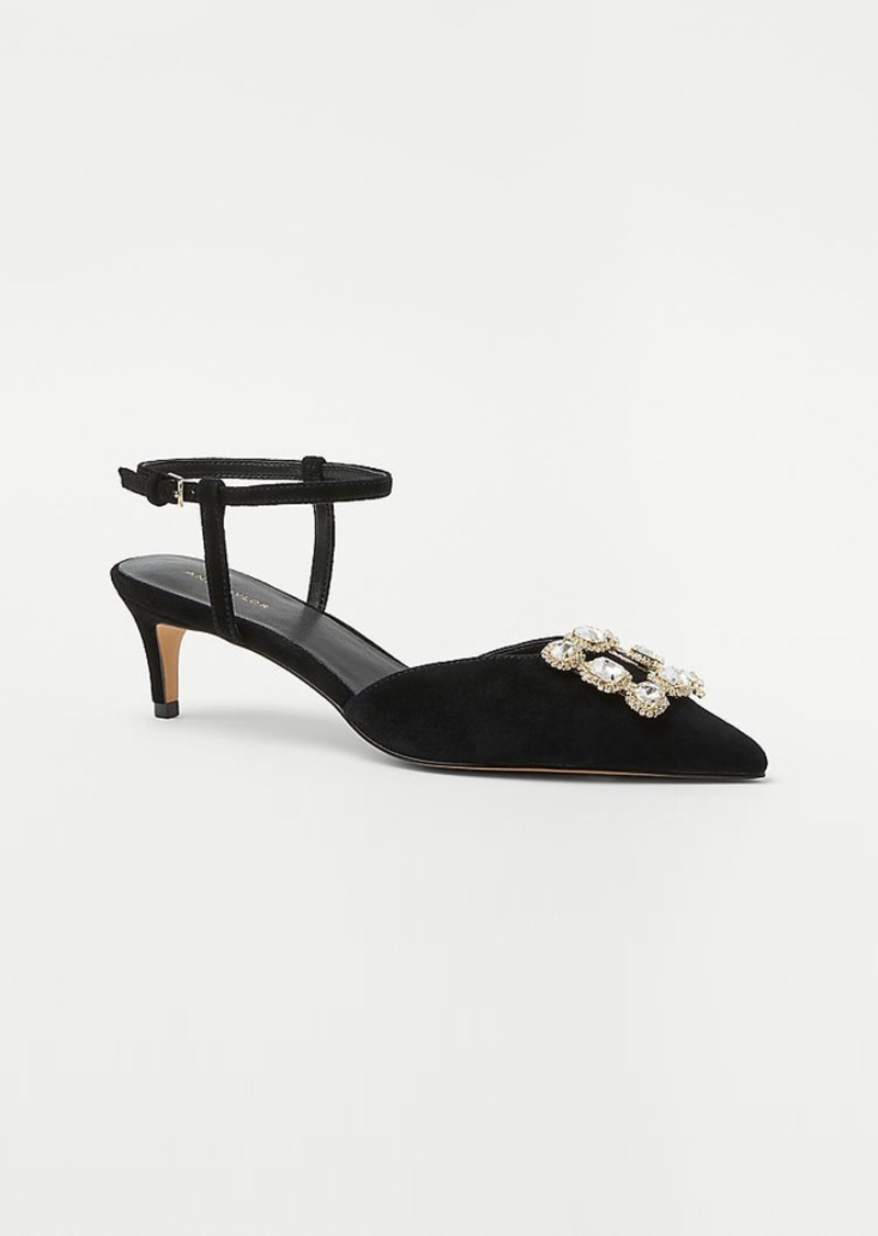 Ann Taylor Crystal Buckle Suede Kitten Heel Pumps