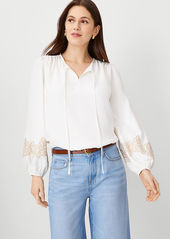 Ann Taylor Embroidered Sleeve Tie Neck Top