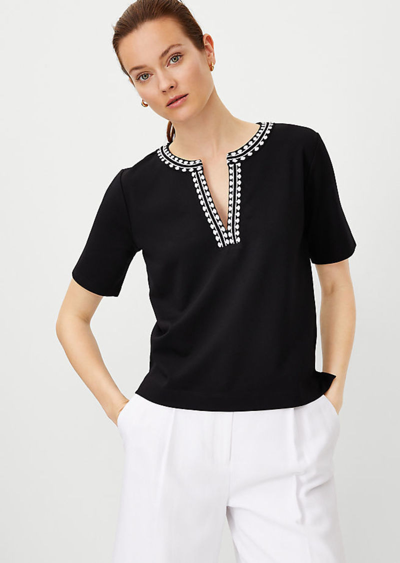 Ann Taylor Embroidered Split Neck Top