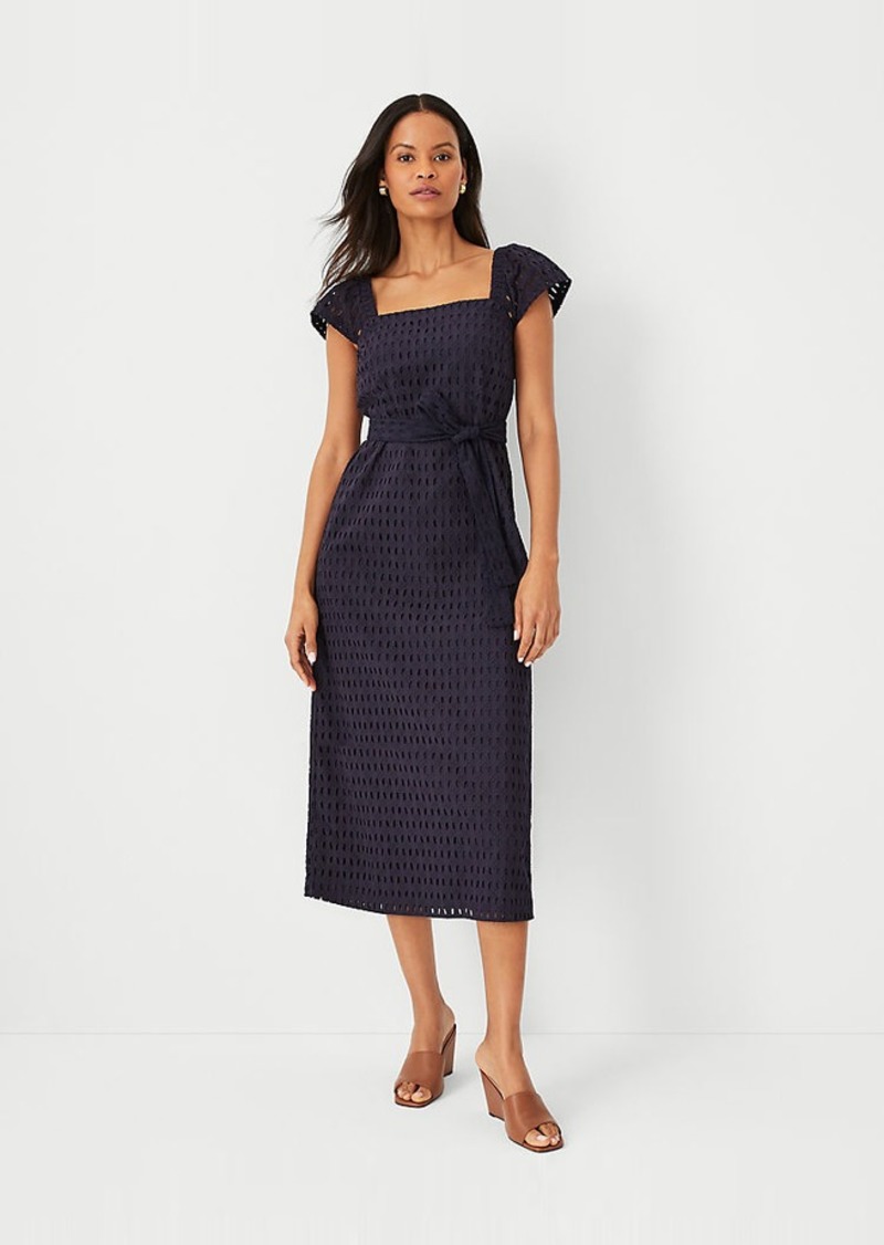 Ann Taylor Eyelet Square Neck Puff Sleeve Midi Dress