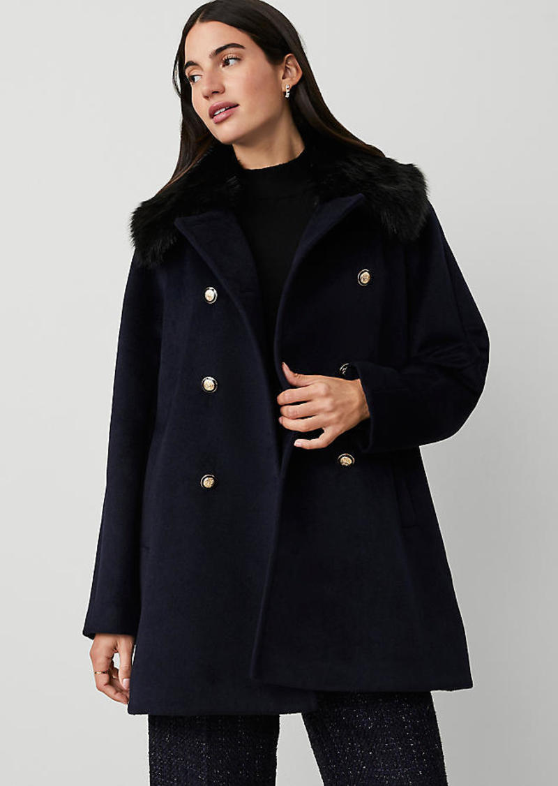 Ann Taylor Faux Fur Collar Double Breasted Swing Coat