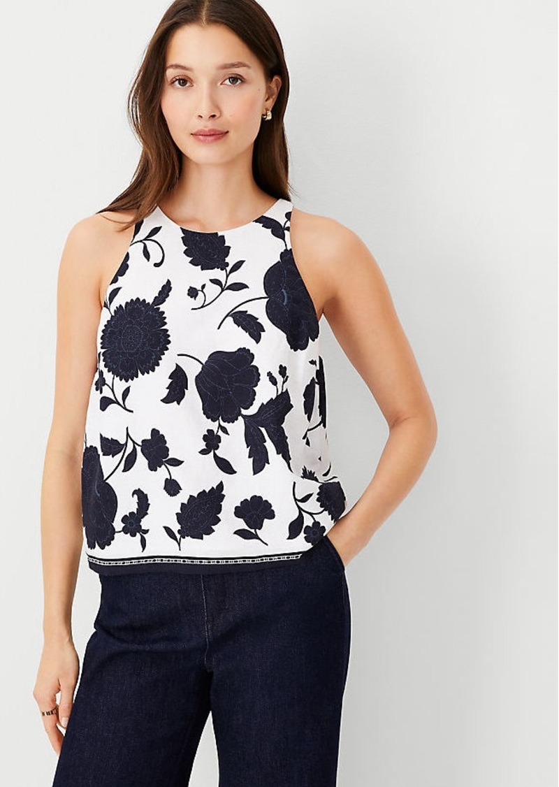 Ann Taylor Floral Border Linen Blend Halter Top