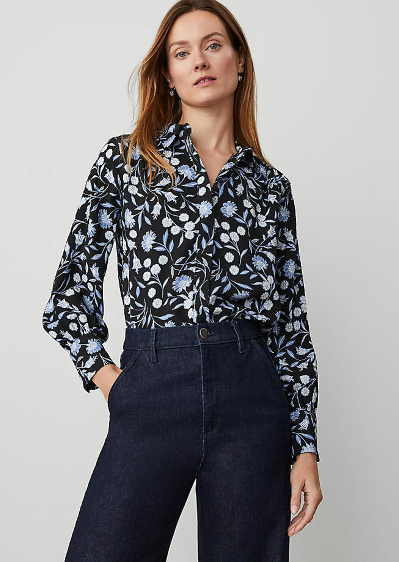 Ann Taylor Floral Collared Shirred Yoke Button Down Shirt