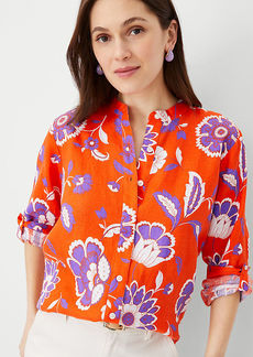 Ann Taylor Floral Linen Relaxed Roll Tab Perfect Shirt