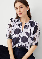 Ann Taylor Floral Mixed Media Ruffle Neck Top