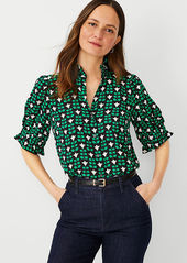 Ann Taylor Floral Tile Ruffle Button Top