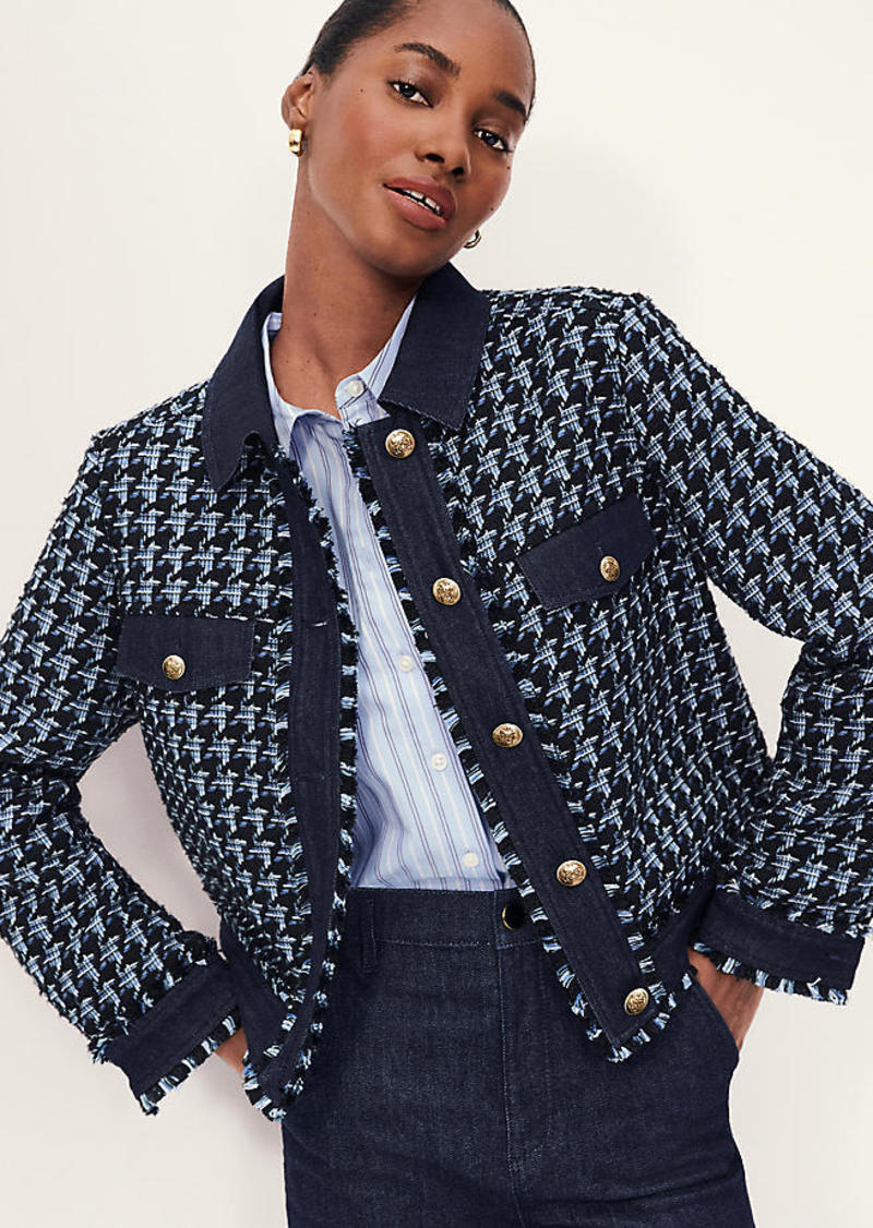 Ann Taylor Houndstooth Fringe Tweed Denim Jacket