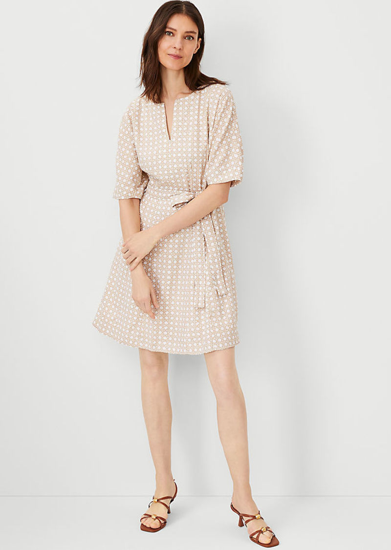 Ann Taylor Lattice Linen Blend Split Neck Flare Dress