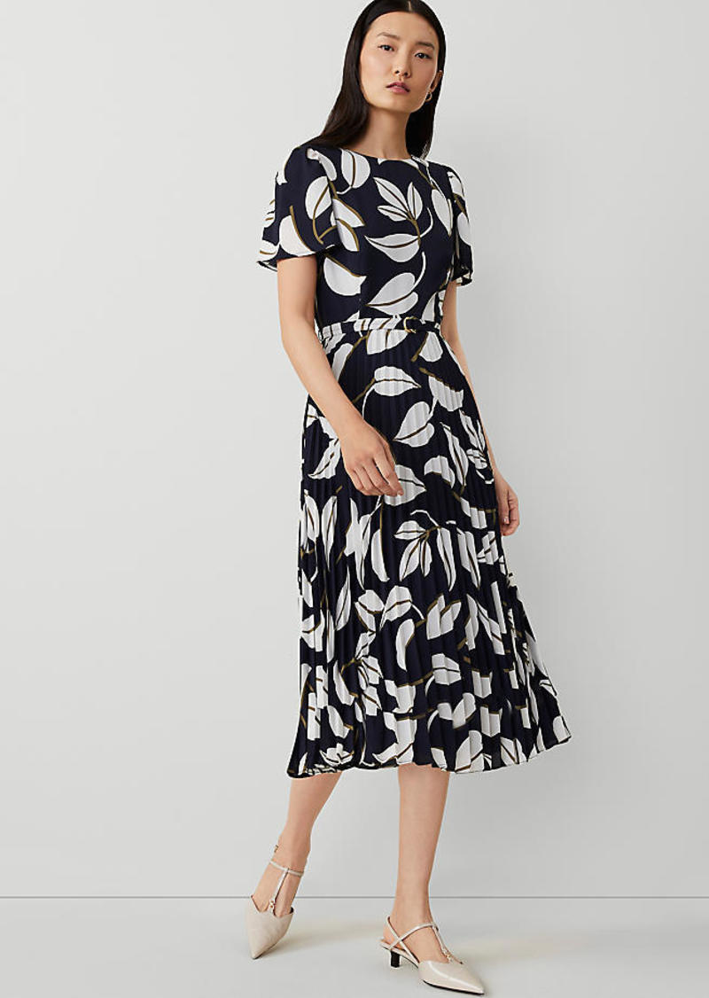 Ann Taylor Leaves Belted Pleated Flare Dress