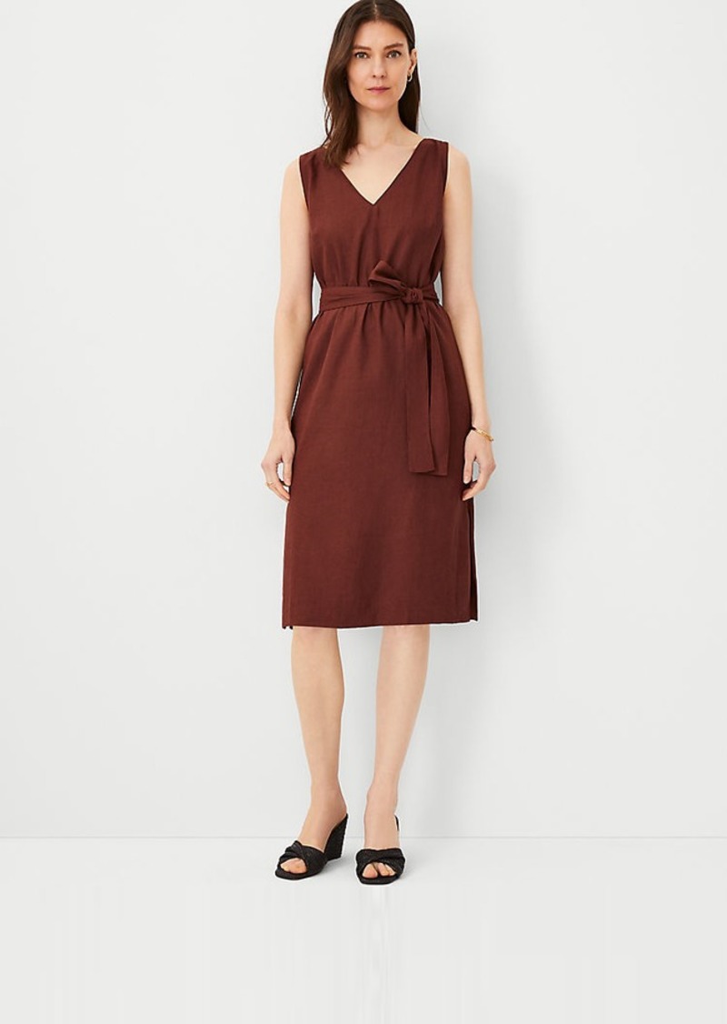 Ann Taylor Linen Blend Belted V-Neck Sheath Dress