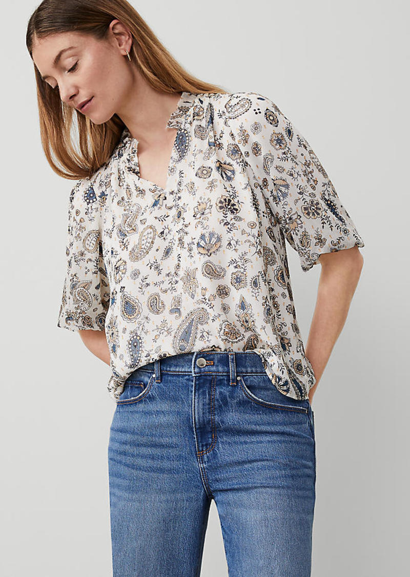 Ann Taylor Paisley Clip Ruffle Split Neck Popover Top