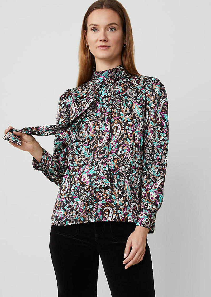 Ann Taylor Paisley Mock Tie Neck Puff Sleeve Top